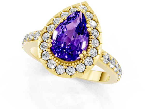 Yellow gold Pear Cut Tanzanite Halo Ring with Pavé Band and Prong Setting