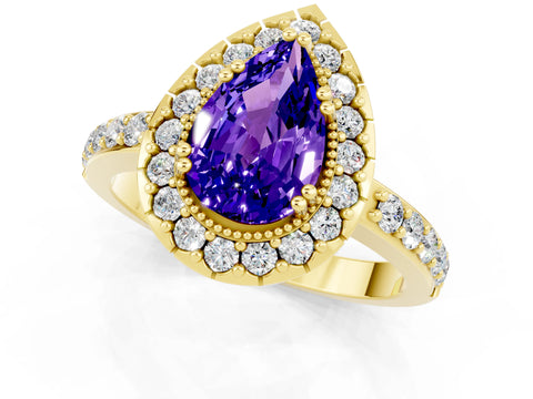 Yellow gold Pear Cut Tanzanite Halo Ring with Pavé Band and Prong Setting_1