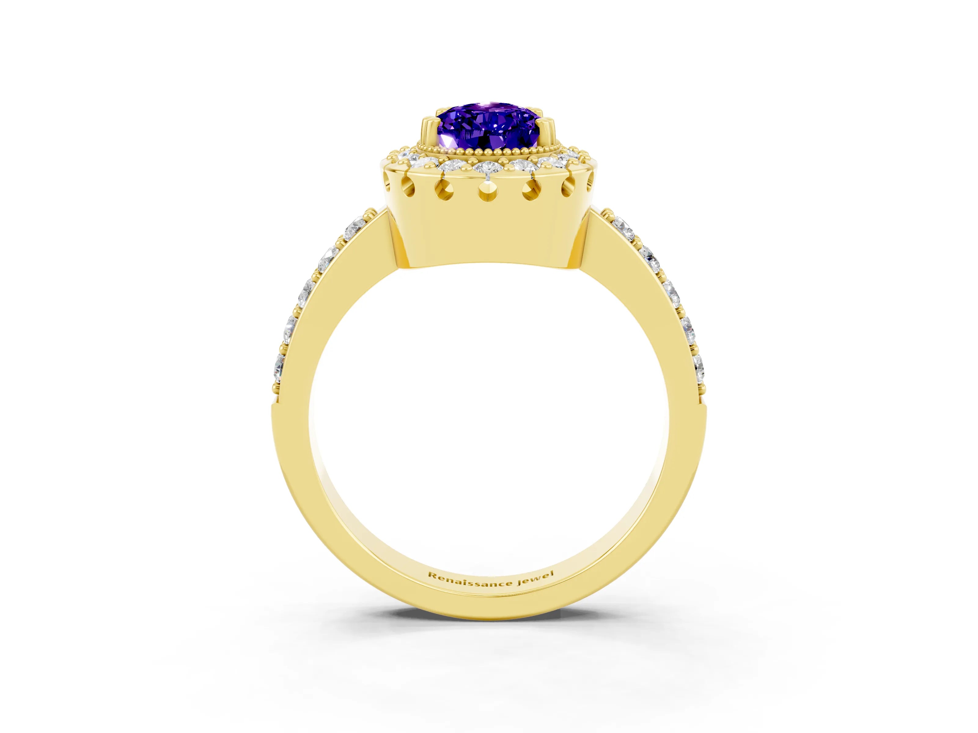 Yellow gold Pear Cut Tanzanite Halo Ring with Pavé Band and Prong Setting_3