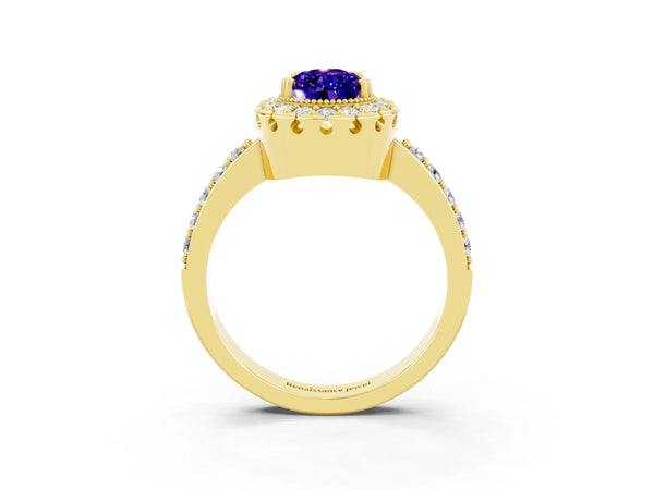 Yellow gold Pear Cut Tanzanite Halo Ring with Pavé Band and Prong Setting