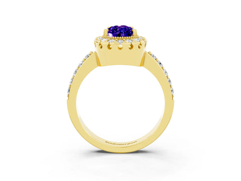 Yellow gold Pear Cut Tanzanite Halo Ring with Pavé Band and Prong Setting_3