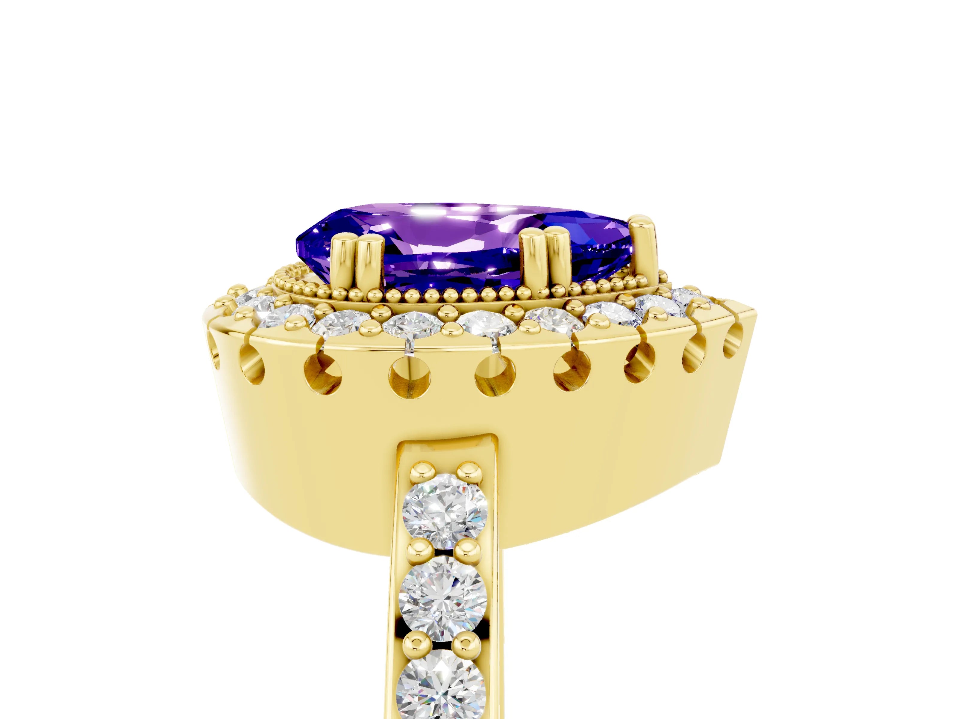 Yellow gold Pear Cut Tanzanite Halo Ring with Pavé Band and Prong Setting_5