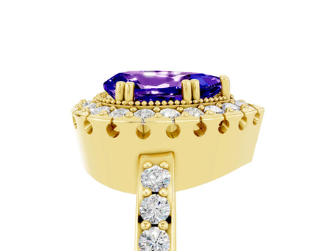Yellow gold Pear Cut Tanzanite Halo Ring with Pavé Band and Prong Setting_5