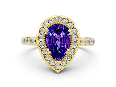 Yellow gold Pear Cut Tanzanite Halo Ring with Pavé Band and Prong Setting