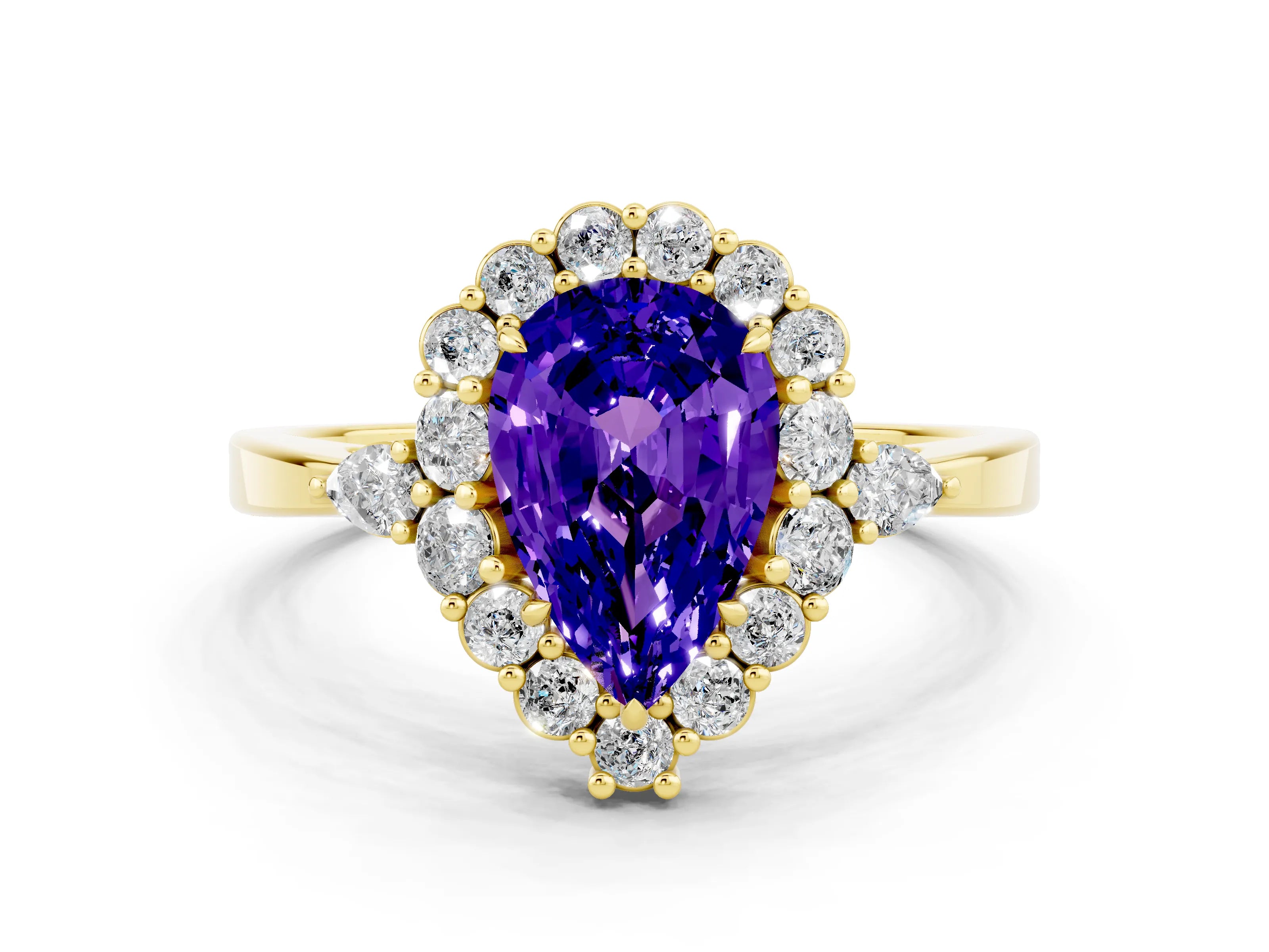 Yellow gold Pear Cut Tanzanite Halo Ring with Pear Side Stones and Prong Setting_12