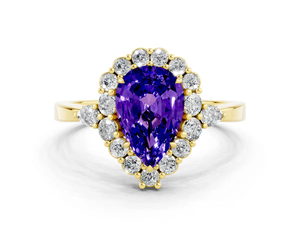 Yellow gold Pear Cut Tanzanite Halo Ring with Pear Side Stones and Prong Setting