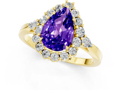 Yellow gold Pear Cut Tanzanite Halo Ring with Pear Side Stones and Prong Setting_13
