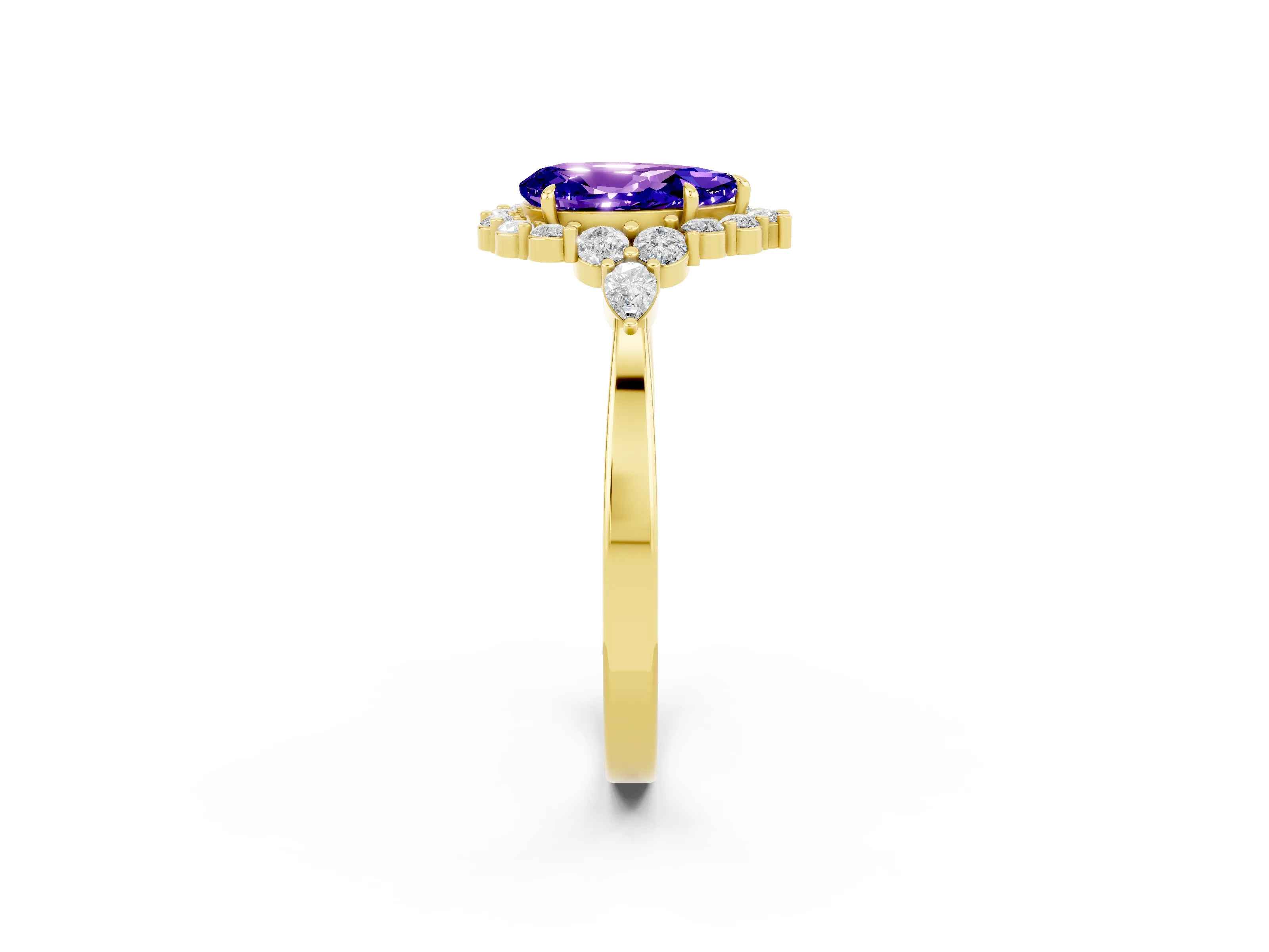 Yellow gold Pear Cut Tanzanite Halo Ring with Pear Side Stones and Prong Setting_14