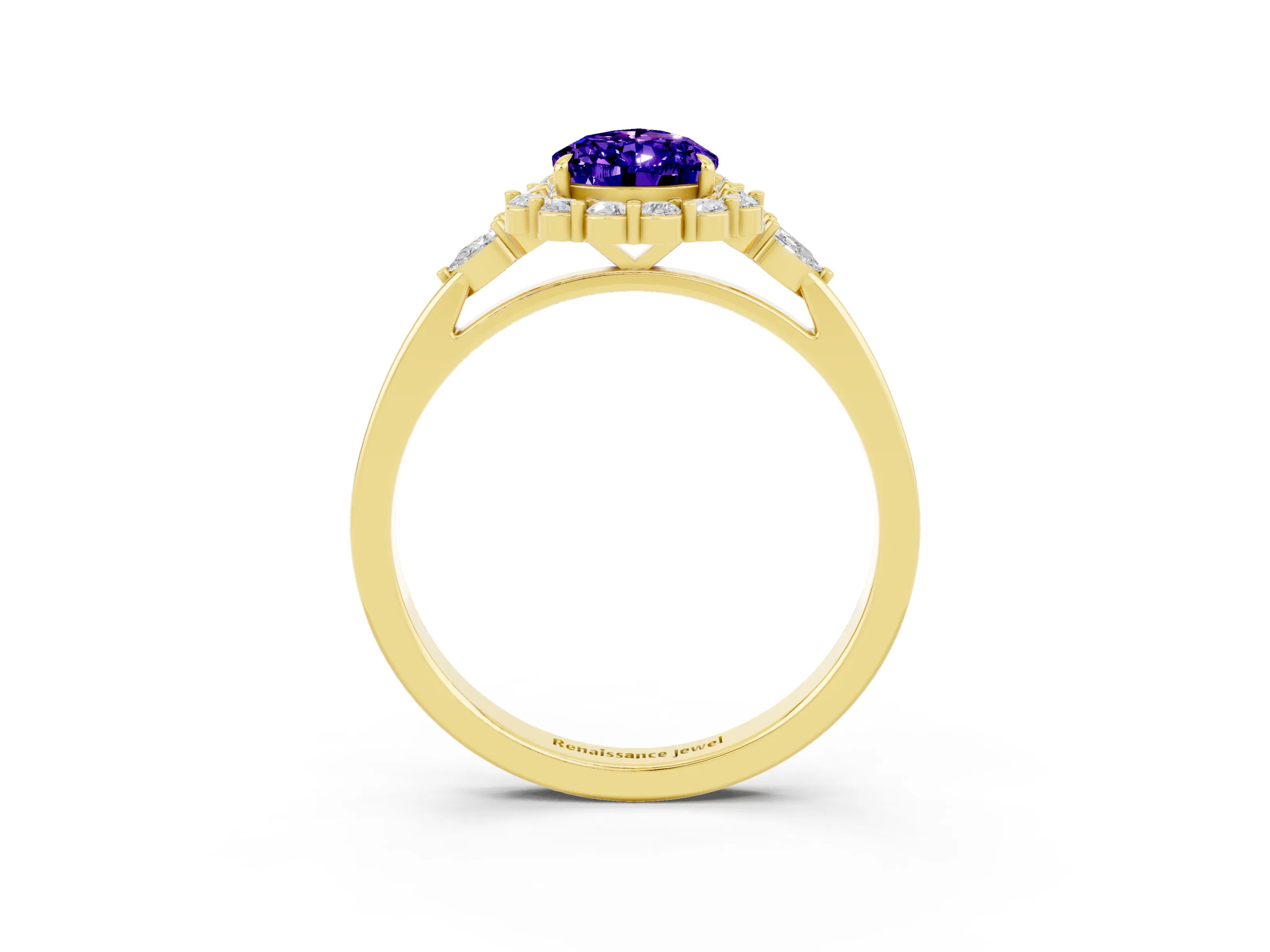Yellow gold Pear Cut Tanzanite Halo Ring with Pear Side Stones and Prong Setting_15