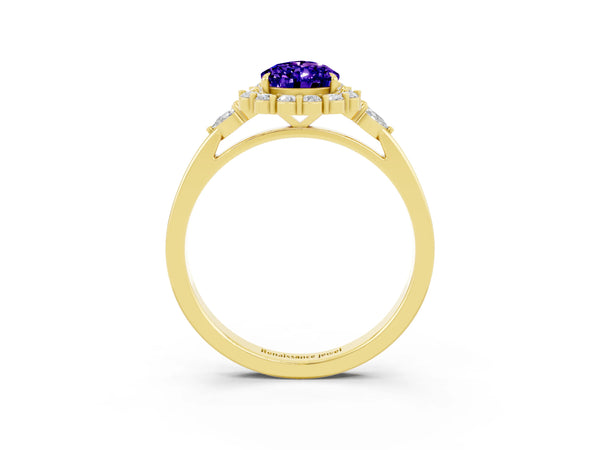 Yellow gold Pear Cut Tanzanite Halo Ring with Pear Side Stones and Prong Setting