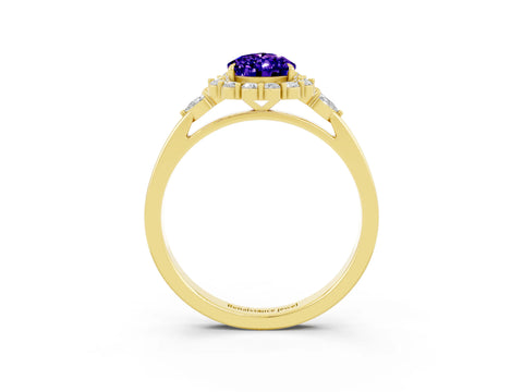 Yellow gold Pear Cut Tanzanite Halo Ring with Pear Side Stones and Prong Setting_15