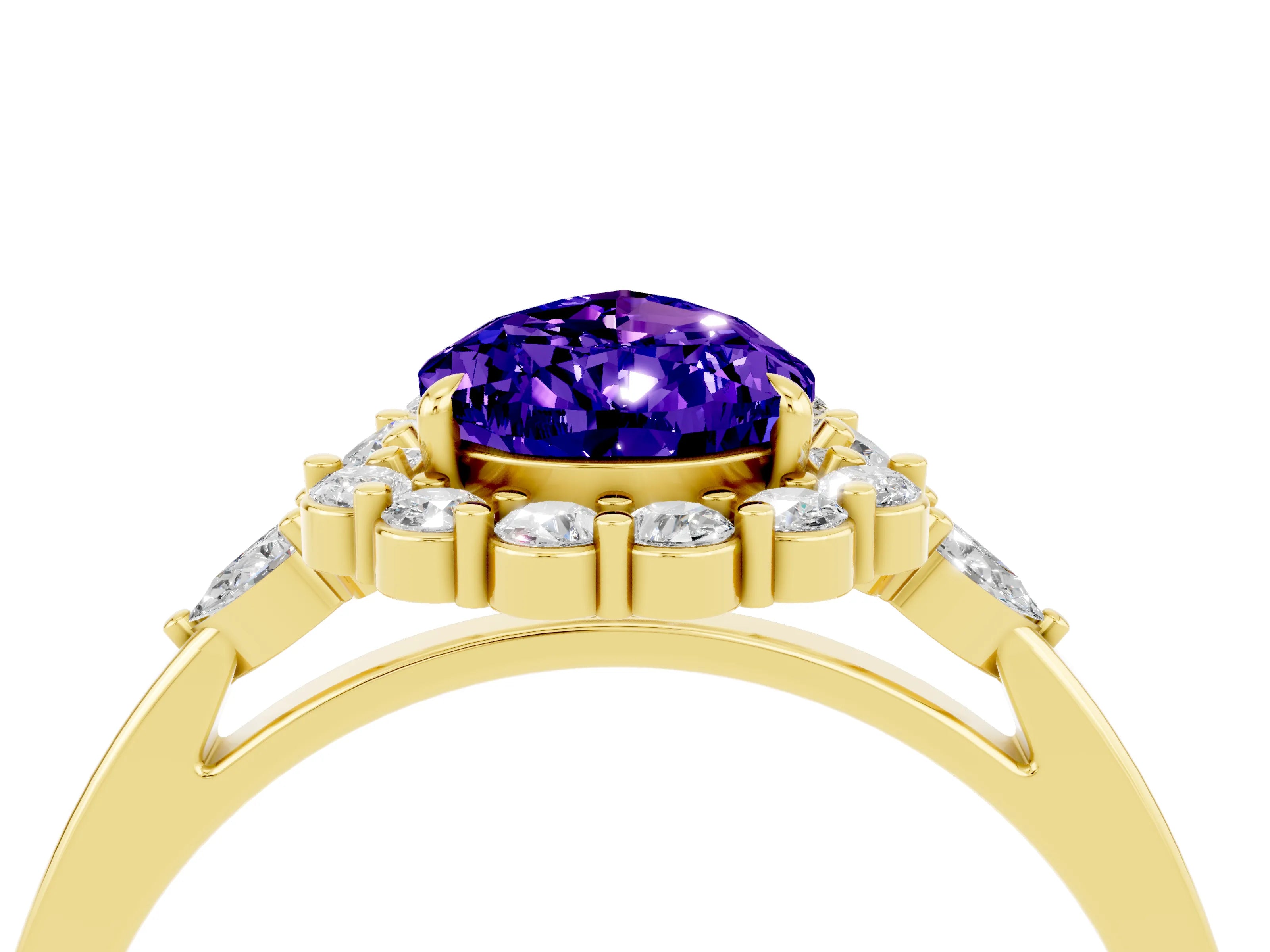 Yellow gold Pear Cut Tanzanite Halo Ring with Pear Side Stones and Prong Setting_16