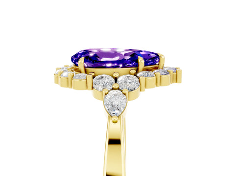 Yellow gold Pear Cut Tanzanite Halo Ring with Pear Side Stones and Prong Setting_17