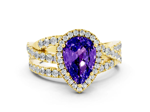 Yellow gold Pear Cut Tanzanite Halo Ring with Round Split Shank and Prong Setting