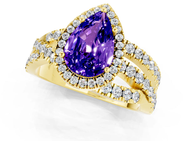 Yellow gold Pear Cut Tanzanite Halo Ring with Round Split Shank and Prong Setting