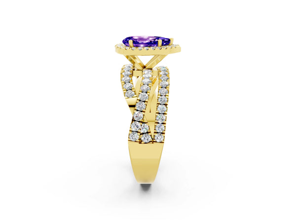 Yellow gold Pear Cut Tanzanite Halo Ring with Round Split Shank and Prong Setting