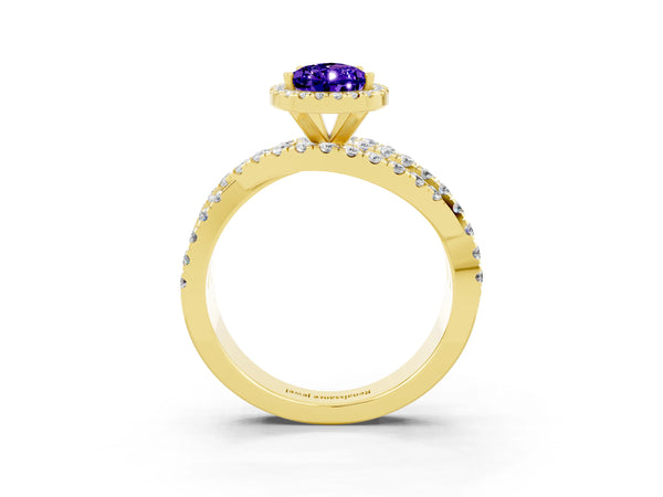 Yellow gold Pear Cut Tanzanite Halo Ring with Round Split Shank and Prong Setting