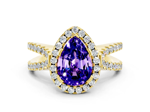 Yellow gold Pear Cut Tanzanite Halo Ring with Split Shank Pavé Band and Prong Setting