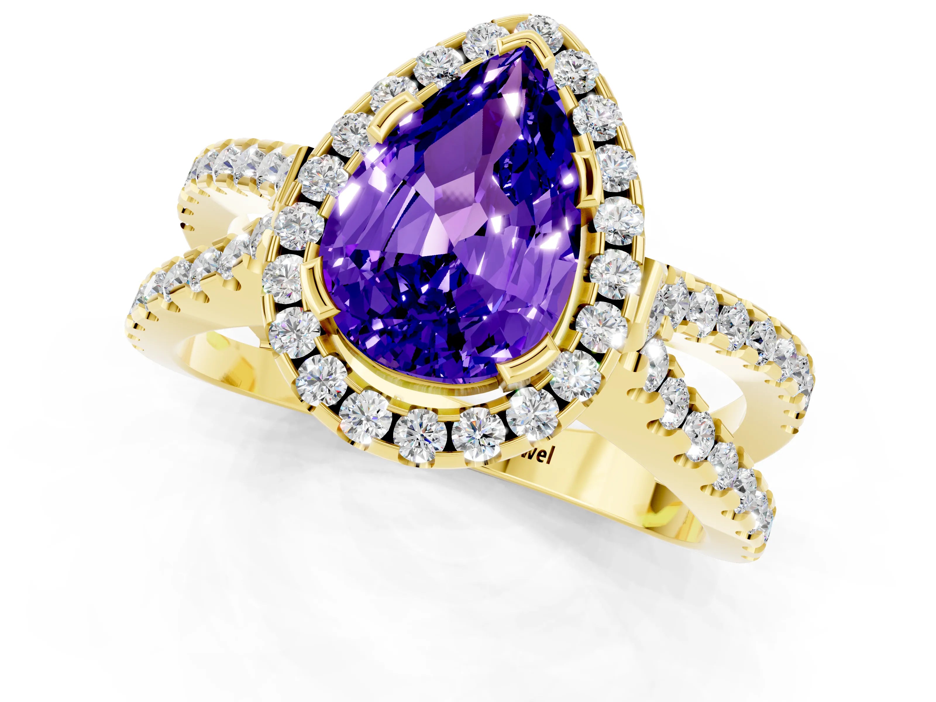 Yellow gold Pear Cut Tanzanite Halo Ring with Split Shank Pavé Band and Prong Setting_1