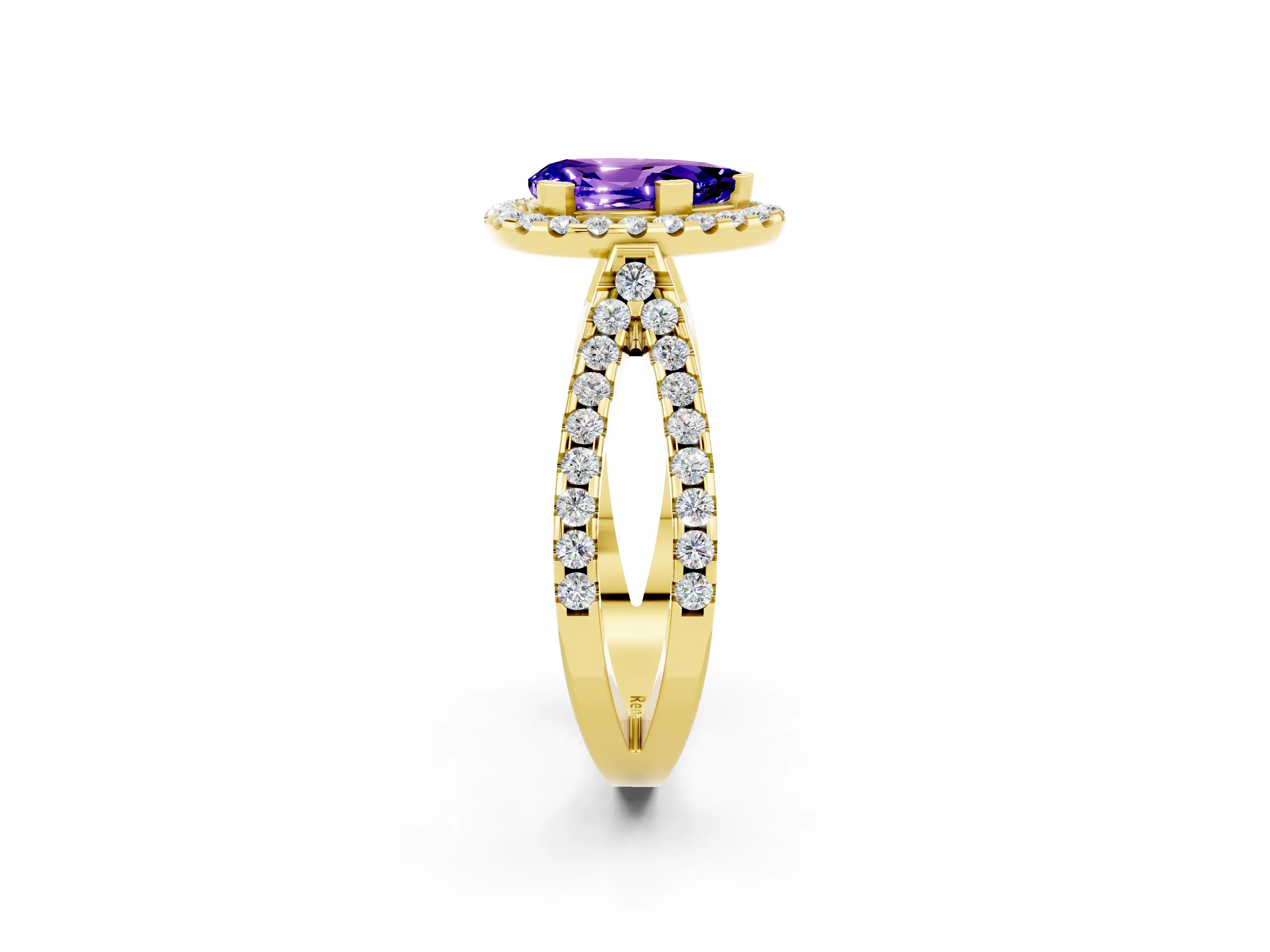 Yellow gold Pear Cut Tanzanite Halo Ring with Split Shank Pavé Band and Prong Setting_2