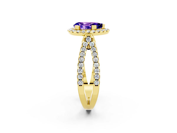 Yellow gold Pear Cut Tanzanite Halo Ring with Split Shank Pavé Band and Prong Setting