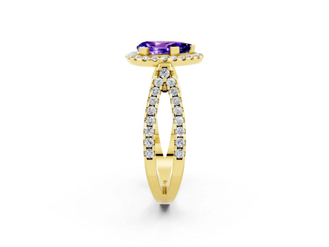 Yellow gold Pear Cut Tanzanite Halo Ring with Split Shank Pavé Band and Prong Setting_2