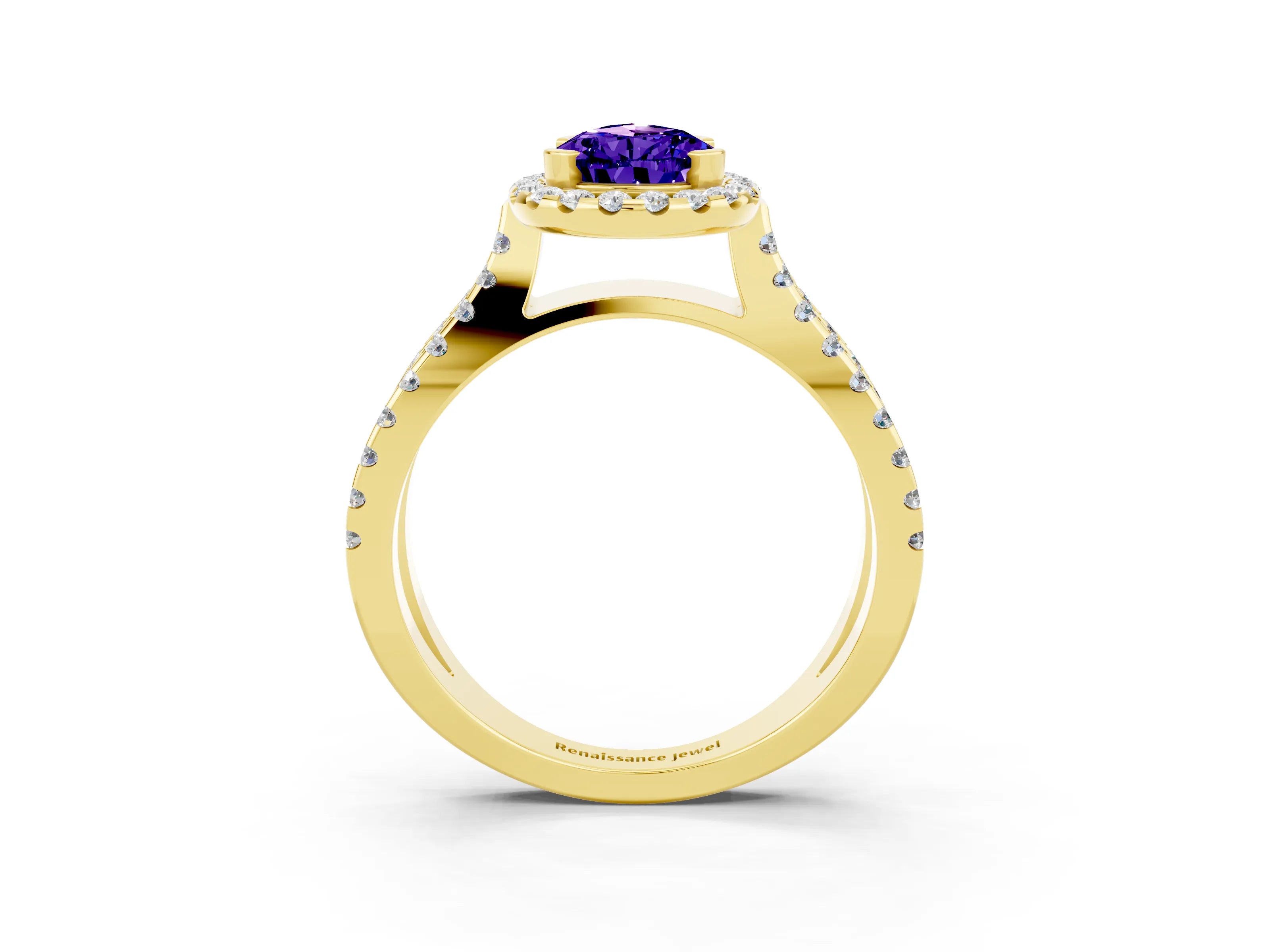 Yellow gold Pear Cut Tanzanite Halo Ring with Split Shank Pavé Band and Prong Setting_3