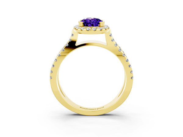 Yellow gold Pear Cut Tanzanite Halo Ring with Split Shank Pavé Band and Prong Setting