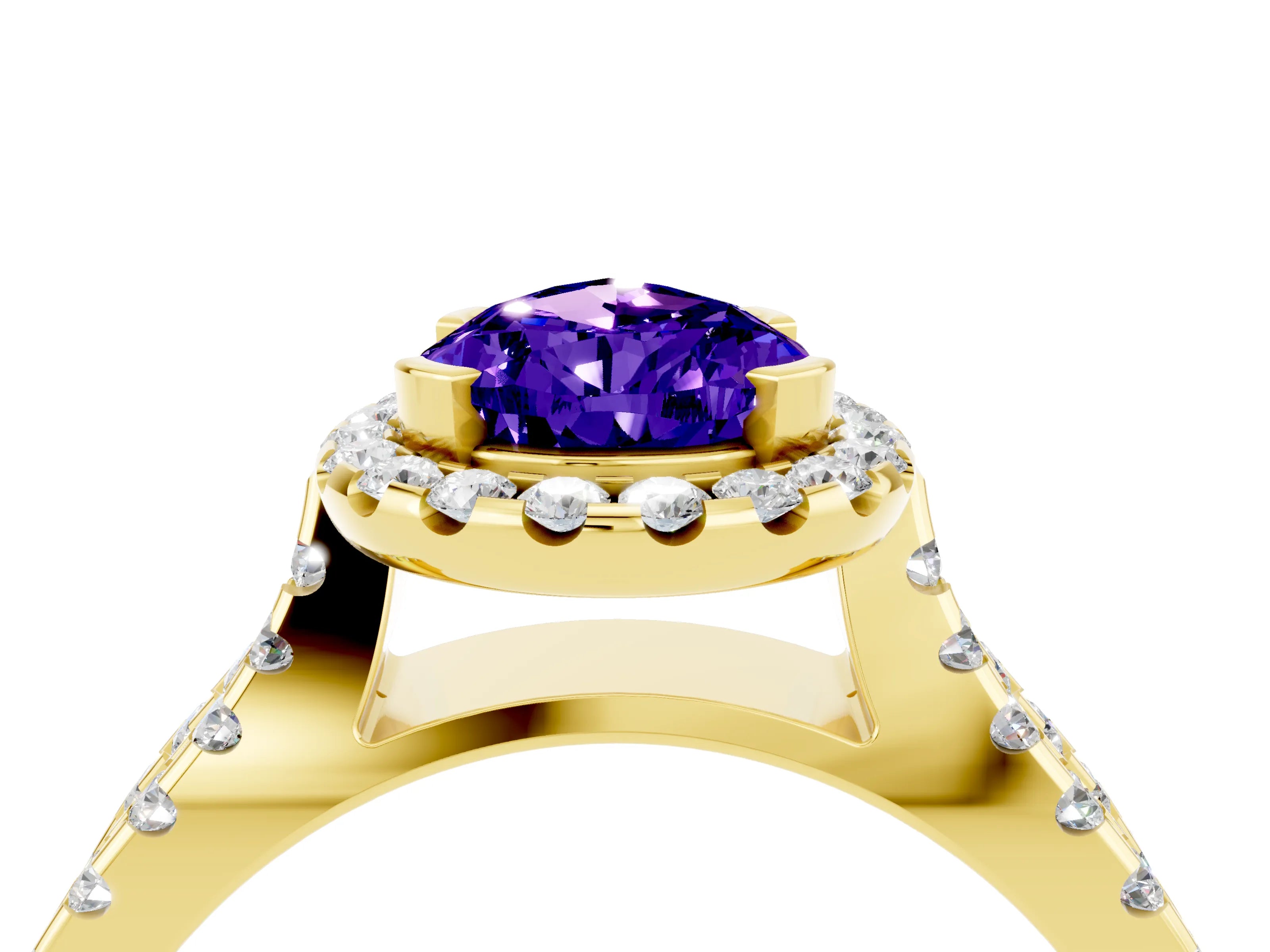 Yellow gold Pear Cut Tanzanite Halo Ring with Split Shank Pavé Band and Prong Setting_4