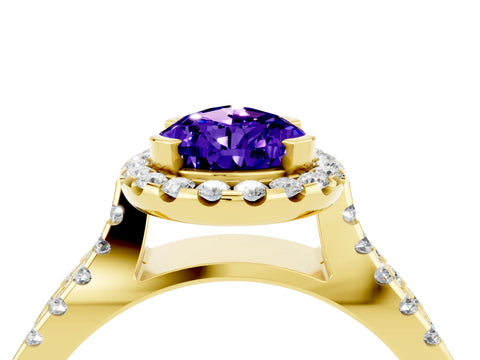 Yellow gold Pear Cut Tanzanite Halo Ring with Split Shank Pavé Band and Prong Setting_4