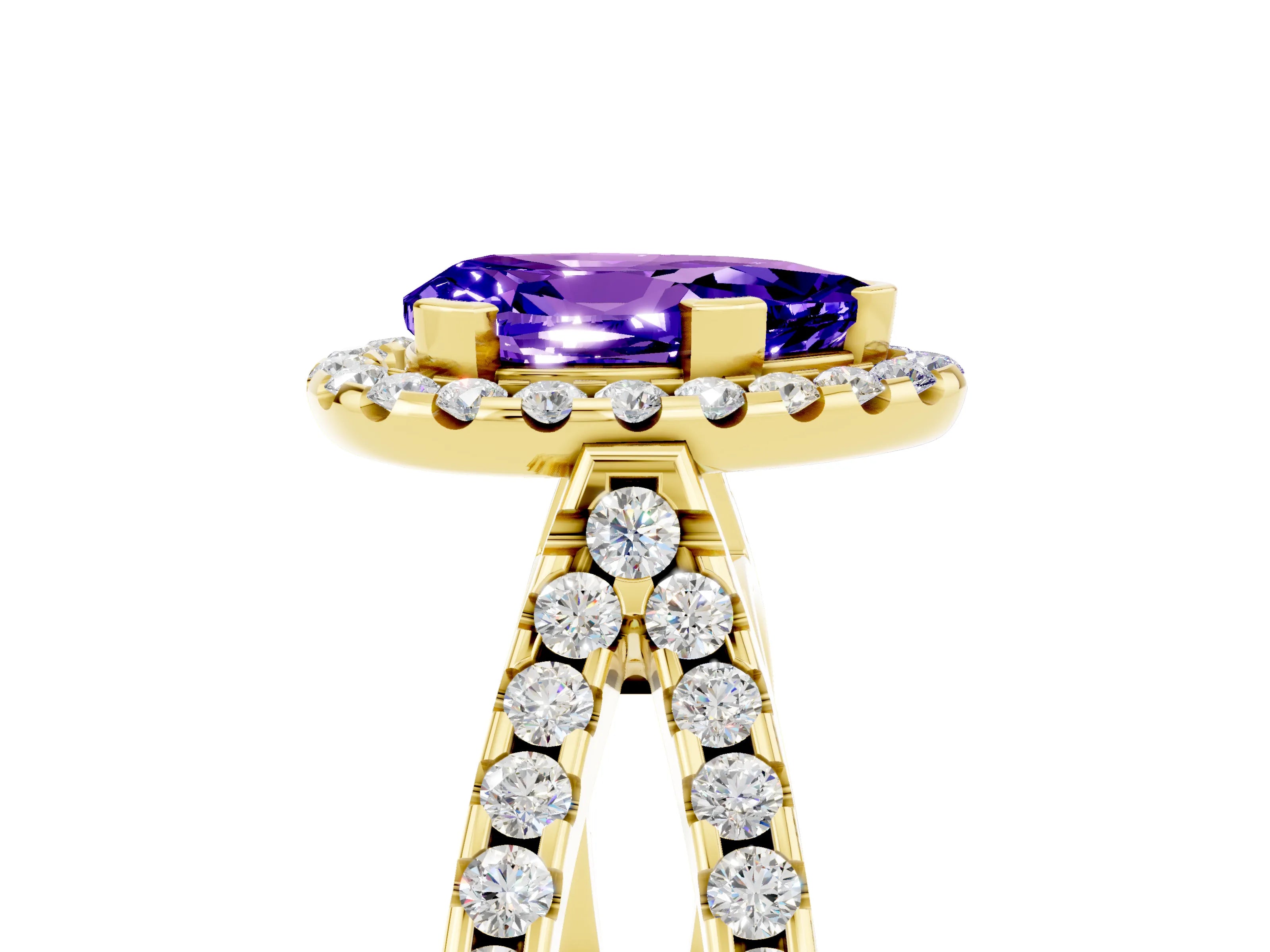 Yellow gold Pear Cut Tanzanite Halo Ring with Split Shank Pavé Band and Prong Setting_5
