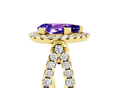 Yellow gold Pear Cut Tanzanite Halo Ring with Split Shank Pavé Band and Prong Setting_5