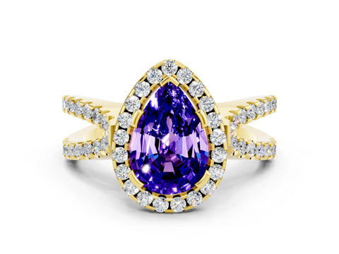 Yellow gold Pear Cut Tanzanite Halo Ring with Split Shank Pavé Band and Prong Setting