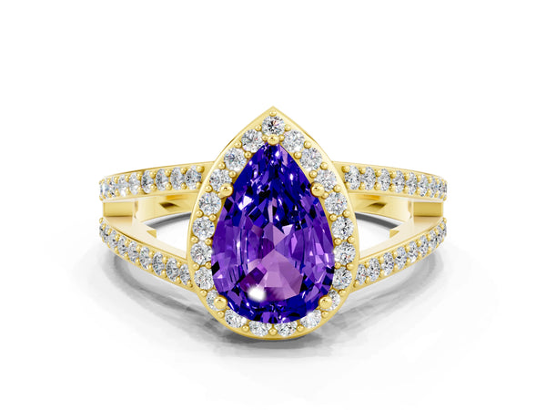 Yellow gold Pear Cut Tanzanite Halo Ring with Split Shank U-Prong Band and Four-Prong Setting