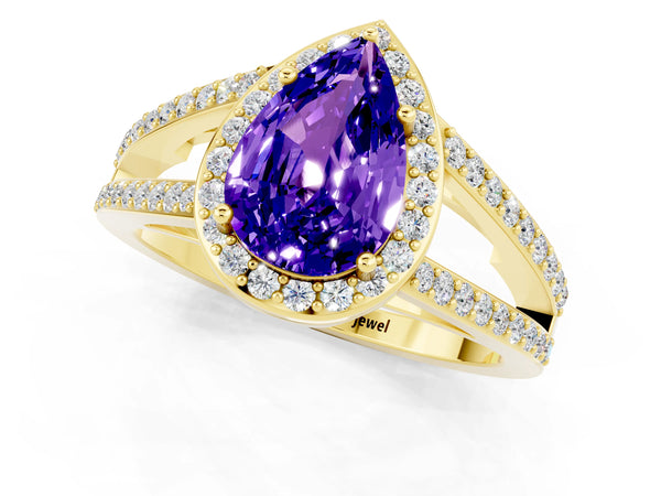 Yellow gold Pear Cut Tanzanite Halo Ring with Split Shank U-Prong Band and Four-Prong Setting