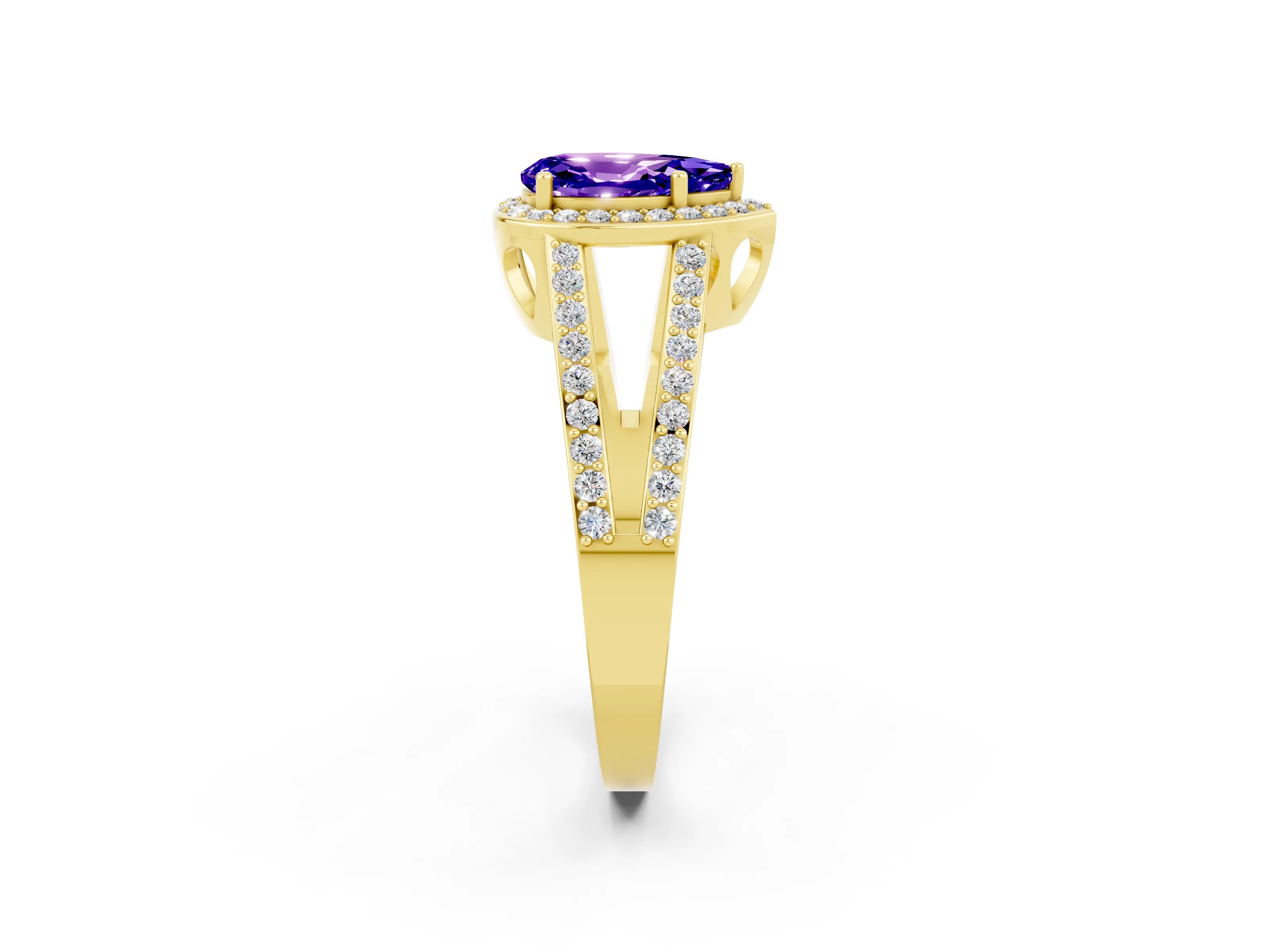 Yellow gold Pear Cut Tanzanite Halo Ring with Split Shank U-Prong Band and Four-Prong Setting_2