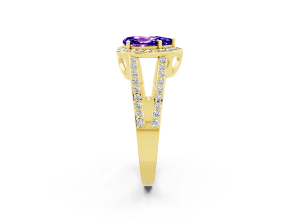 Yellow gold Pear Cut Tanzanite Halo Ring with Split Shank U-Prong Band and Four-Prong Setting