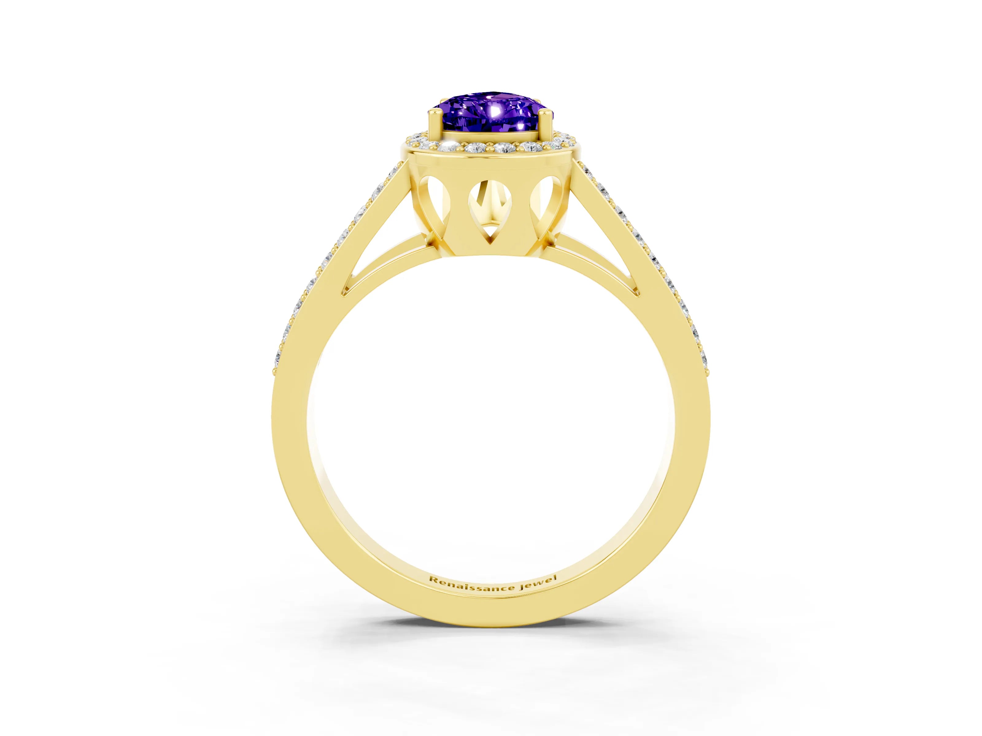 Yellow gold Pear Cut Tanzanite Halo Ring with Split Shank U-Prong Band and Four-Prong Setting_3