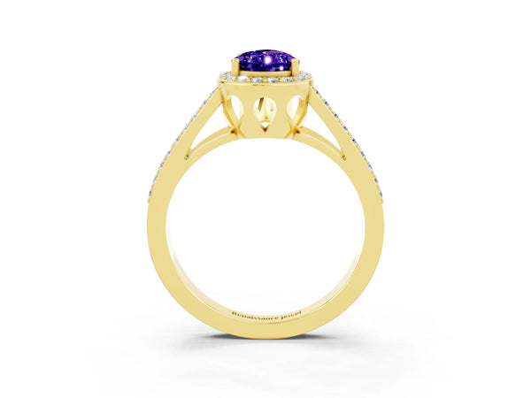Yellow gold Pear Cut Tanzanite Halo Ring with Split Shank U-Prong Band and Four-Prong Setting