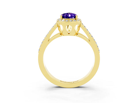 Yellow gold Pear Cut Tanzanite Halo Ring with Split Shank U-Prong Band and Four-Prong Setting_3