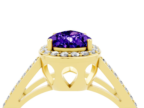 Yellow gold Pear Cut Tanzanite Halo Ring with Split Shank U-Prong Band and Four-Prong Setting_4