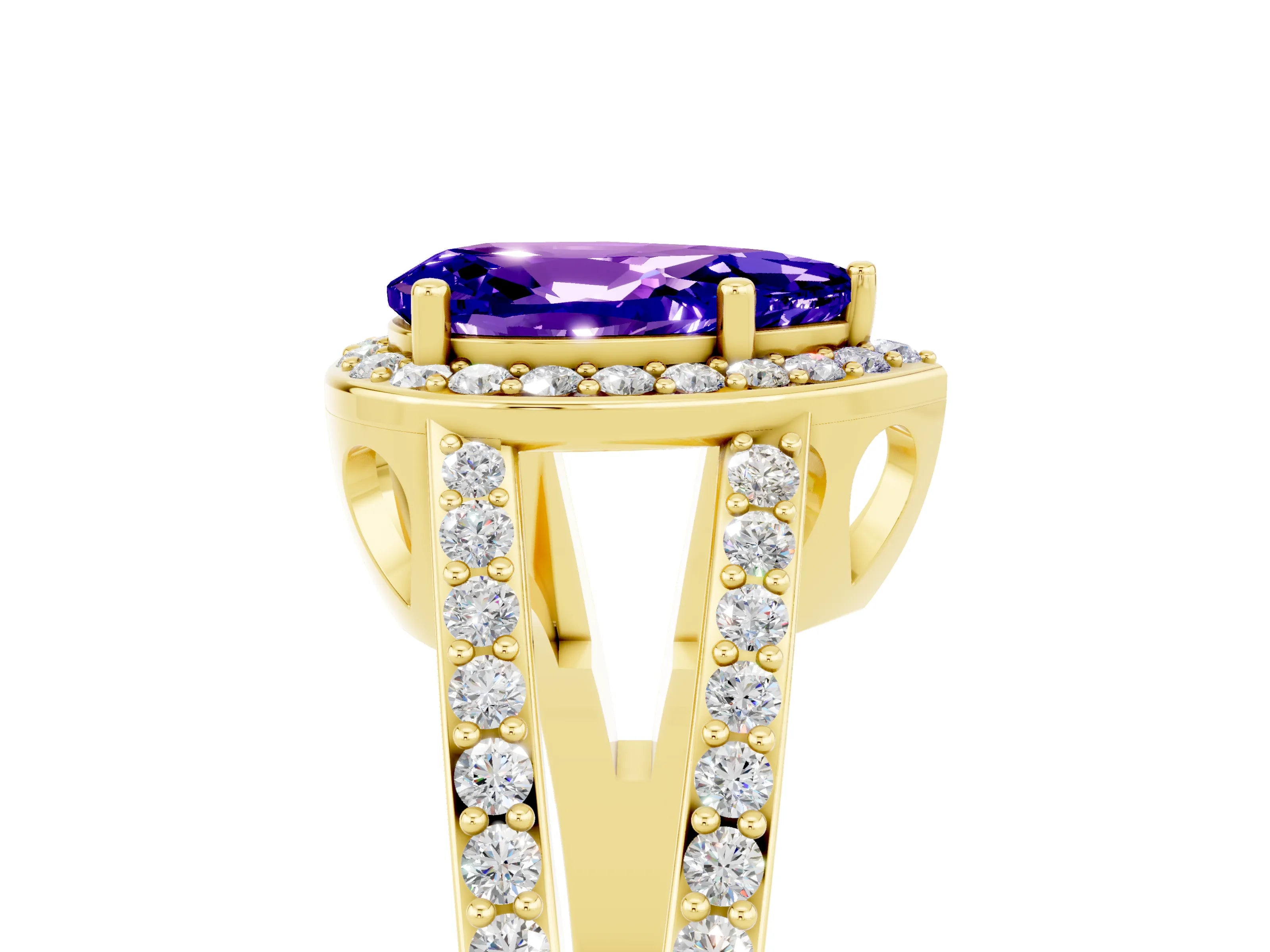 Yellow gold Pear Cut Tanzanite Halo Ring with Split Shank U-Prong Band and Four-Prong Setting_5
