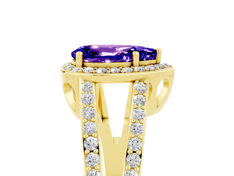 Yellow gold Pear Cut Tanzanite Halo Ring with Split Shank U-Prong Band and Four-Prong Setting_5