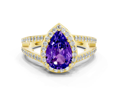 Yellow gold Pear Cut Tanzanite Halo Ring with Split Shank U-Prong Band and Four-Prong Setting