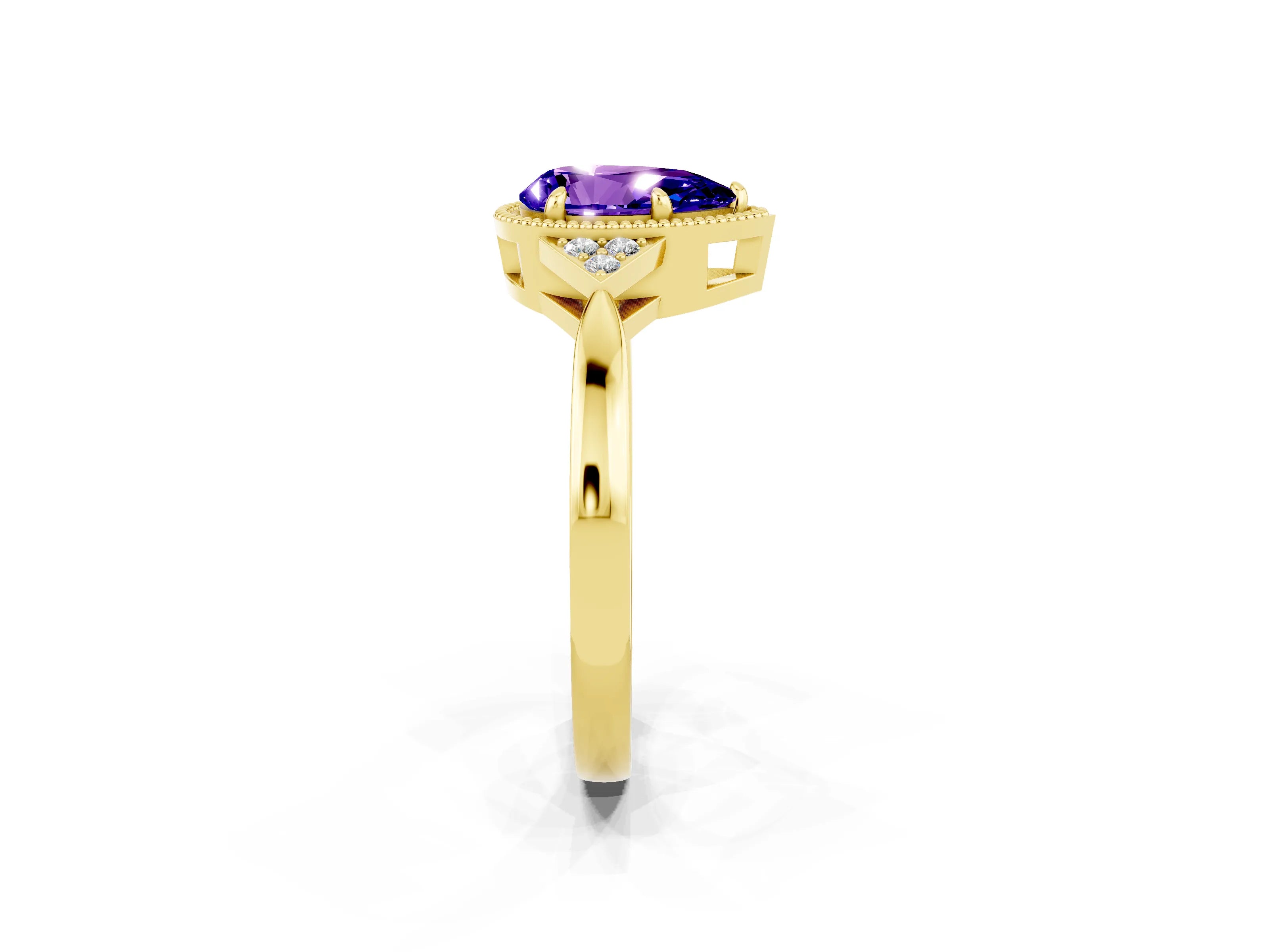 Yellow gold Pear Cut Tanzanite Halo Ring with Tapered Band and Four-Prong Setting_2