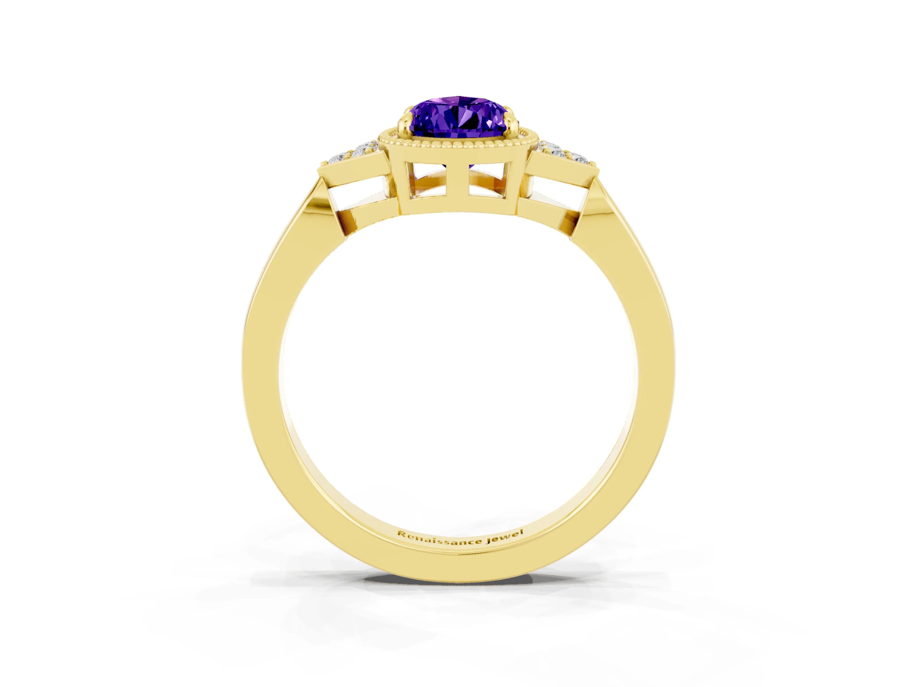 Yellow gold Pear Cut Tanzanite Halo Ring with Tapered Band and Four-Prong Setting_3