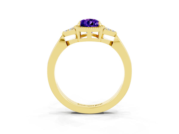 Yellow gold Pear Cut Tanzanite Halo Ring with Tapered Band and Four-Prong Setting