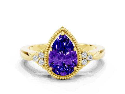 Yellow gold Pear Cut Tanzanite Halo Ring with Tapered Band and Four-Prong Setting