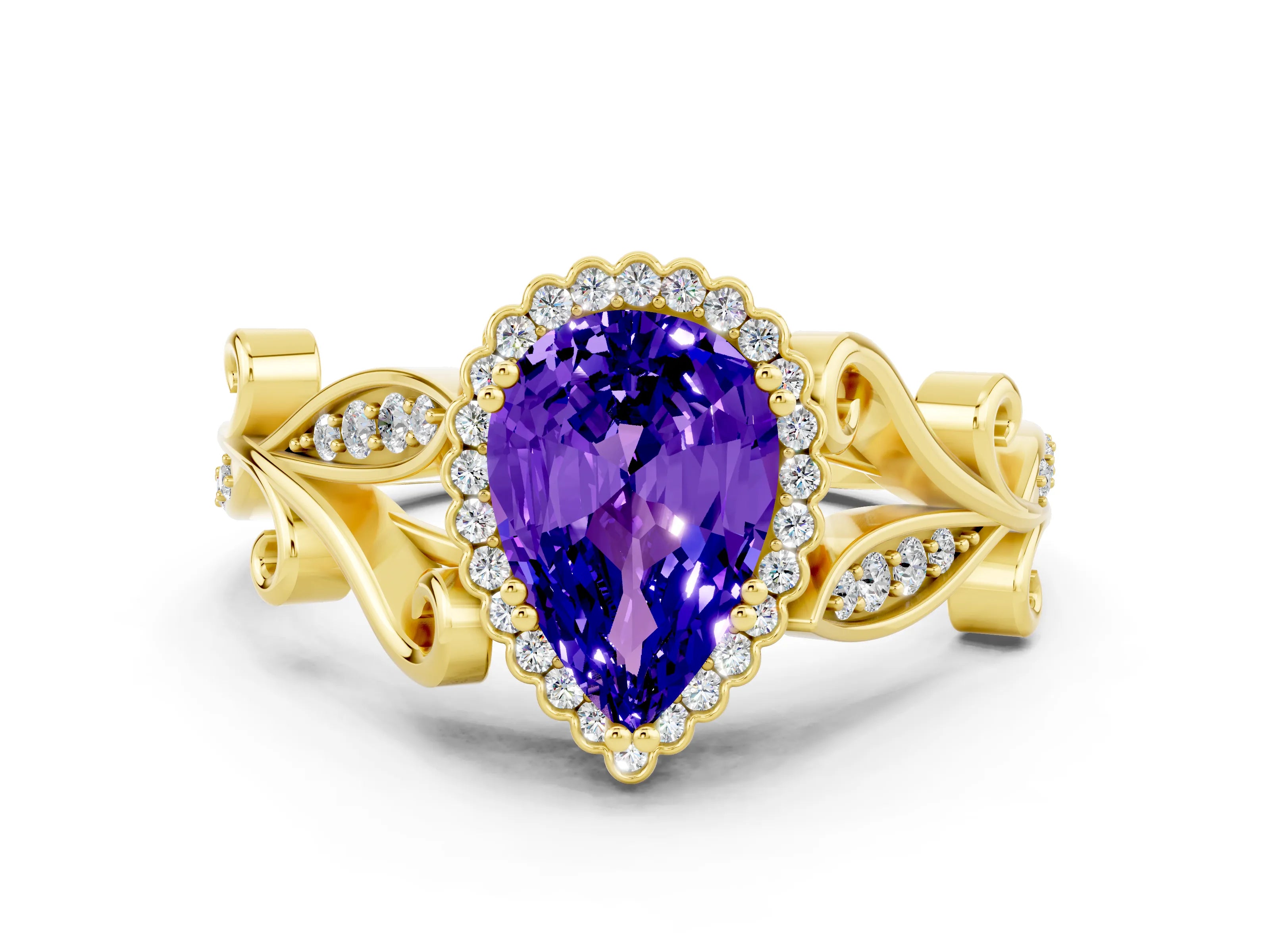 Yellow gold Pear Cut Tanzanite Halo Ring with Vintage Split Shank and Four-Prong Setting