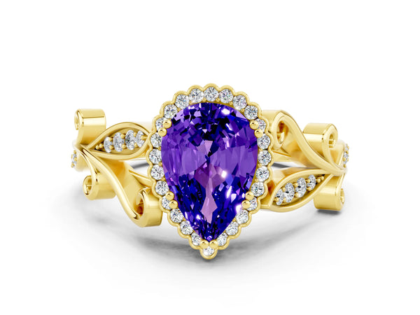 Yellow gold Pear Cut Tanzanite Halo Ring with Vintage Split Shank and Four-Prong Setting